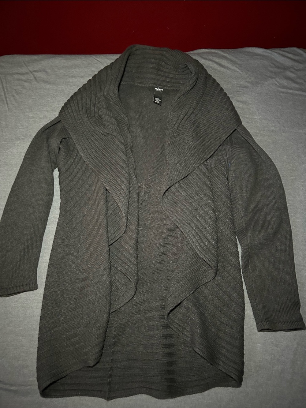 Alfani Dark Gray Open-Front Ribbed Shawl Collar Cardigan